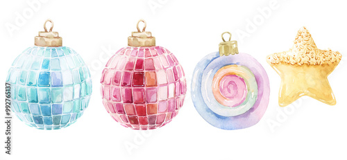 Cute Christmas Watercolor Holiday Set. Christmas tree, cute girly ornaments, festive decor