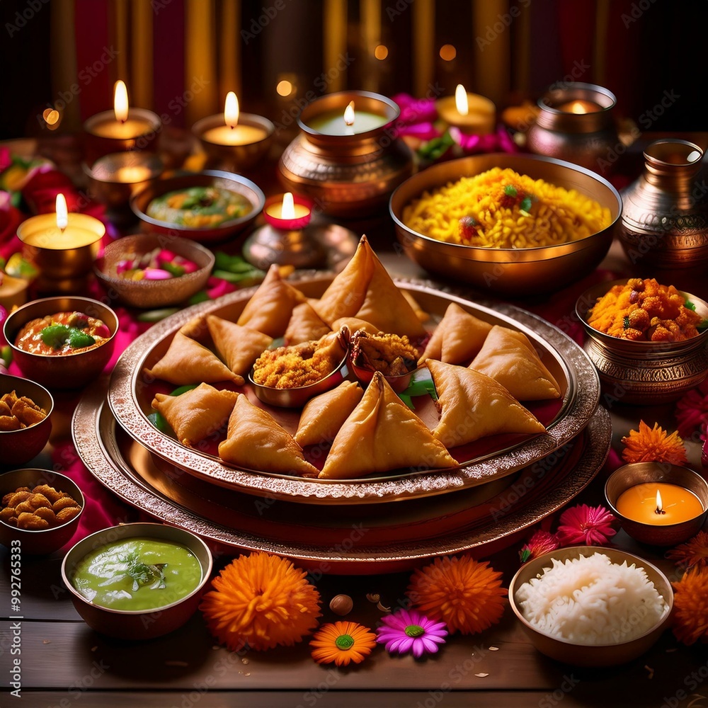 A beautifully set dining table with traditional Indian Diwali dishes like samosas, sweets, and curries, surrounded by diyas and marigold flowers. A beautifully set dining table with traditional Indian Diwali dishes like samosas, sweets, and curries, surrounded by diyas and marigold flowers.