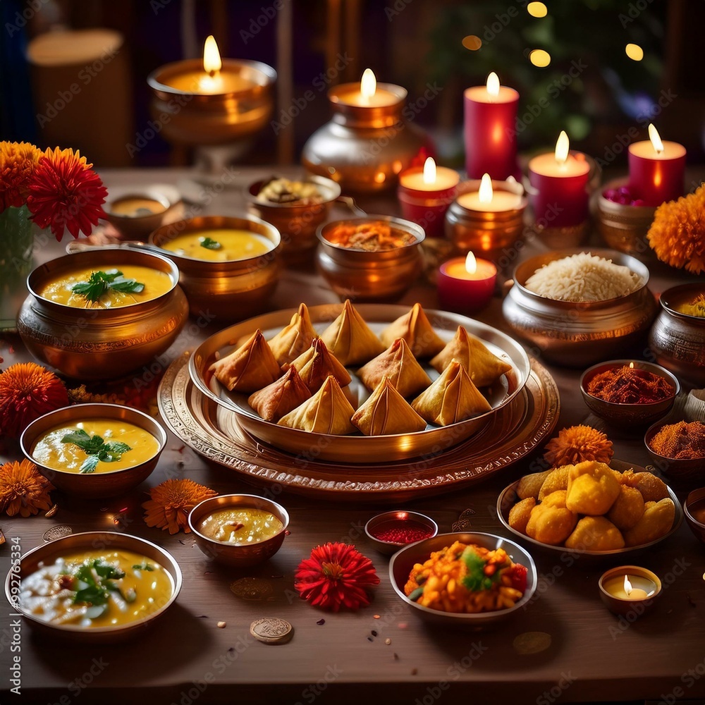 A beautifully set dining table with traditional Indian Diwali dishes like samosas, sweets, and curries, surrounded by diyas and marigold flowers. A beautifully set dining table with traditional Indian Diwali dishes like samosas, sweets, and curries, surrounded by diyas and marigold flowers.