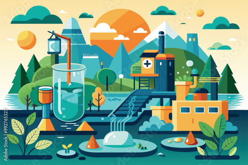 The illustration features a colorful water purification plant surrounded by nature, emphasizing environmental harmony, Customizable illustration of disproportionate drought.