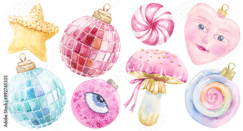 Cute Christmas Watercolor Holiday Set. Christmas tree, cute girly ornaments, festive decor