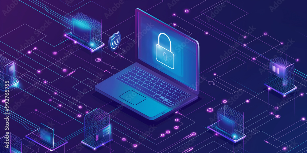 Cybersecurity and Data Protection Concept with Laptop and Padlock Icon Cybersecurity and Data Protection Concept with Laptop and Padlock Icon