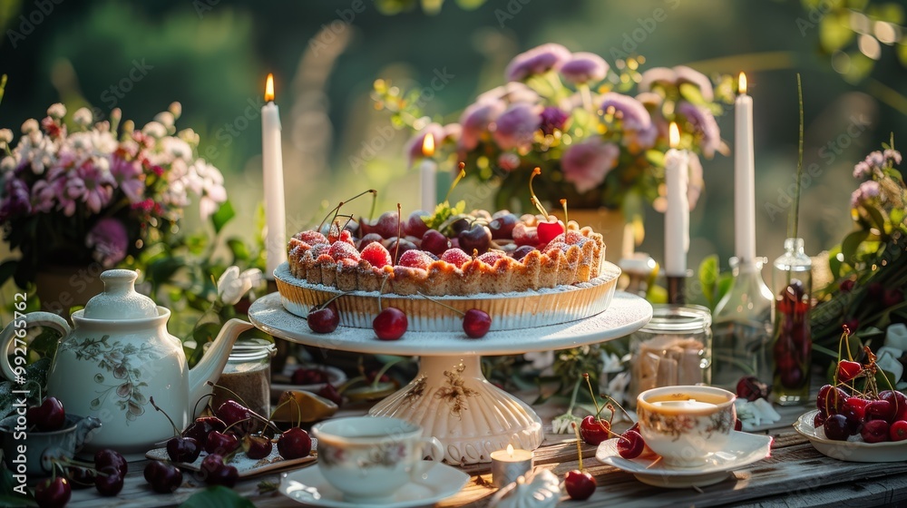Elegant glamour table setting outdoor in the garden. White porcelain cups, teapot with herbal tea, homemade cherry sweet pie. Family tradition, beautiful place outside. Flower meadow, candles. Banner Elegant glamour table setting outdoor in the garden. White porcelain cups, teapot with herbal tea, homemade cherry sweet pie. Family tradition, beautiful place outside. Flower meadow, candles. Banner