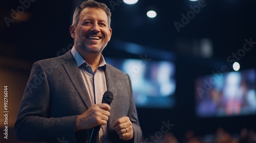 Obraz na płótnie Smiling Evangelical Pastor Addressing Congregation, Charismatic Speaker During Sunday Service w salonie