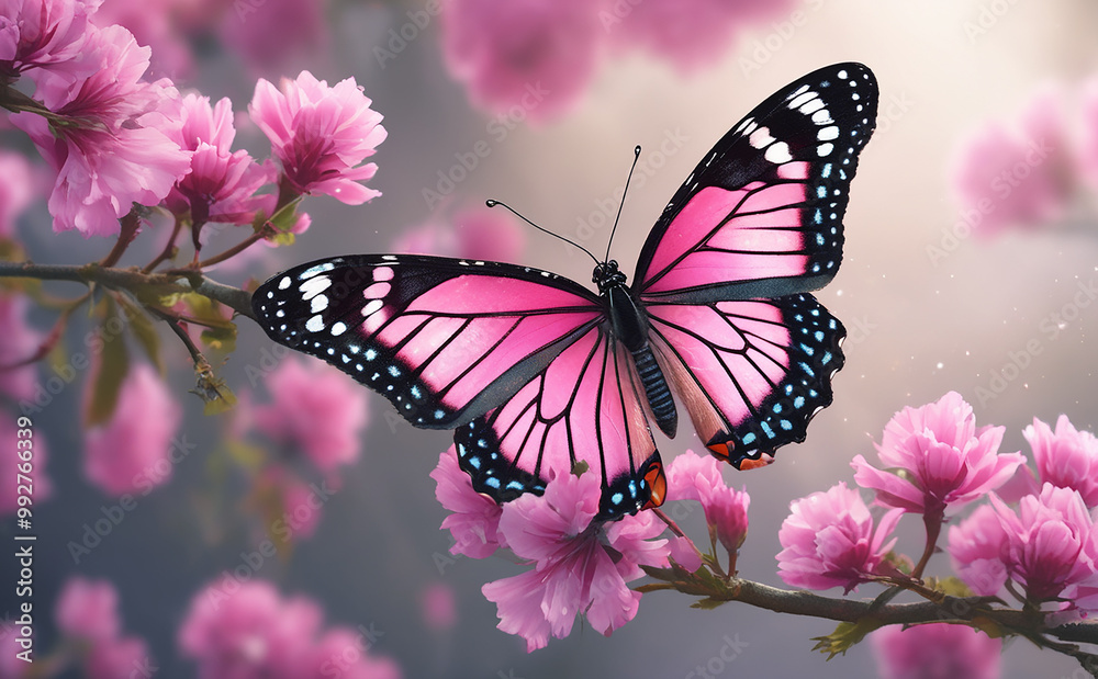 Naklejka premium A beautiful pink butterfly rests amongst delicate pink cherry blossoms.