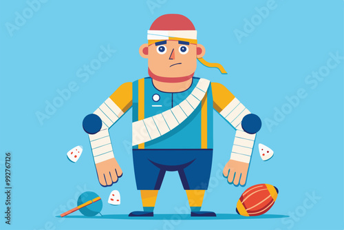 A cartoon character wearing bandages appears distressed in a light-hearted environment, surrounded by sports equipment, Customizable illustration of disproportionate injury.