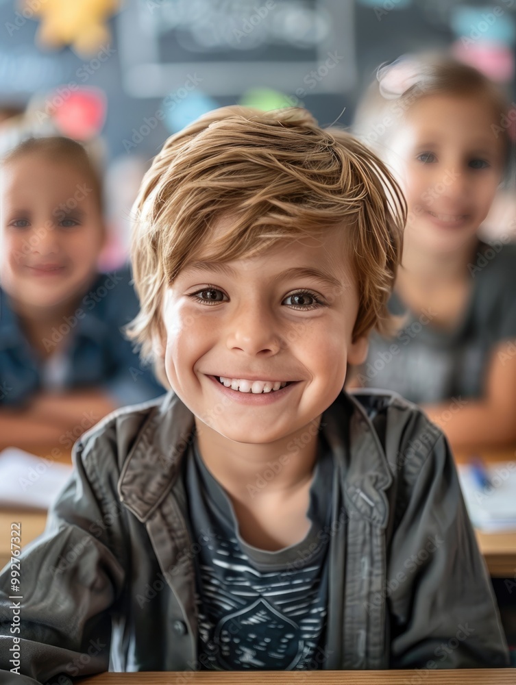 Smiling Young Boy in Classroom.