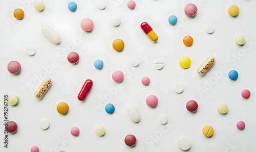 Directly above shot of multi colored medicines on white background