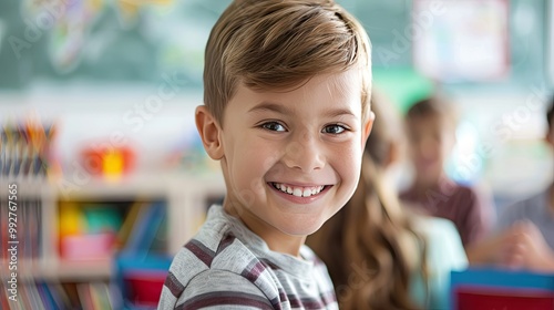Smiling Young Boy in Classroom.