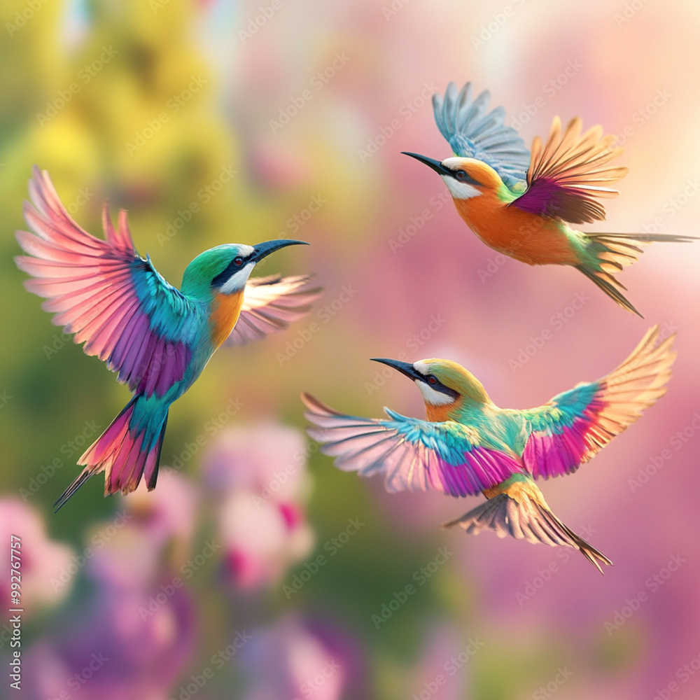 Obraz premium three colorful birds flying away from viewer