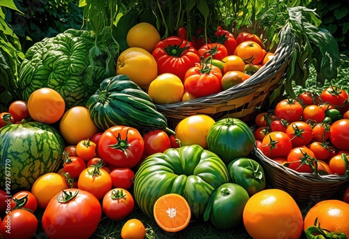 bounty vibrant fresh fruits vegetables displayed natural settings lush greenery bright colors, colorful, produce, healthy, organic, ripe, assortment, nutrition