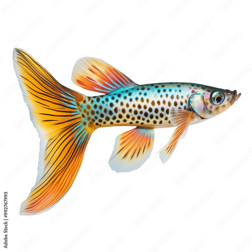 Close-Up Of Colorful Guppy Fish With Detailed Pattern And Vibrant Fins Close-Up Of Colorful Guppy Fish With Detailed Pattern And Vibrant Fins