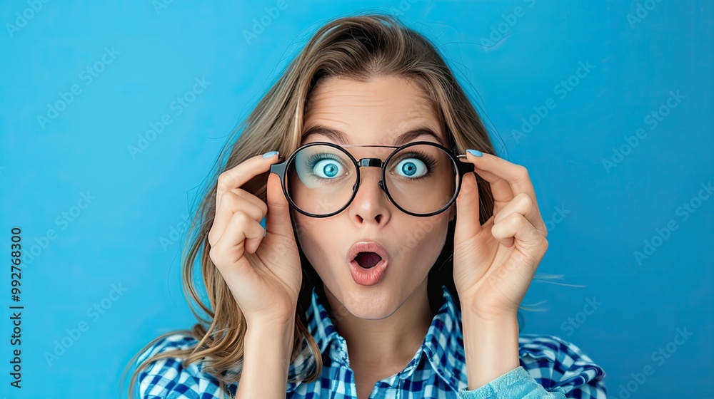 Portrait of Surprised Woman Holding Glasses, on a solid color background. Portrait of Surprised Woman Holding Glasses, on a solid color background.