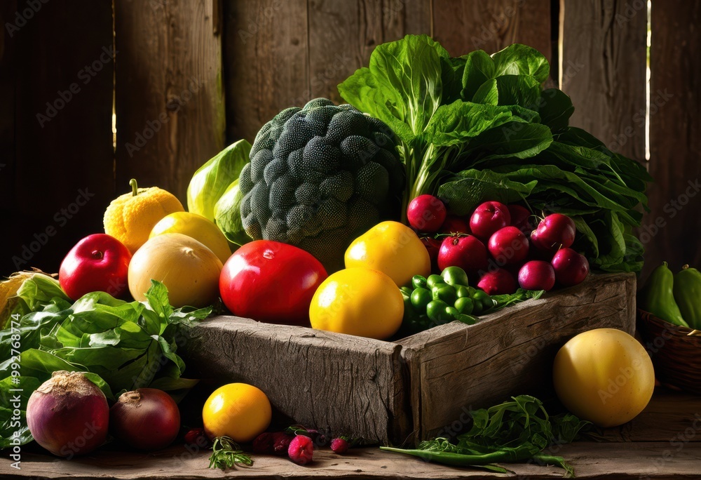 freshly harvested farm table produce displayed rustic wooden showcasing vibrant colors natural textures vegetables fruits, artisan, basket, bright, colorful