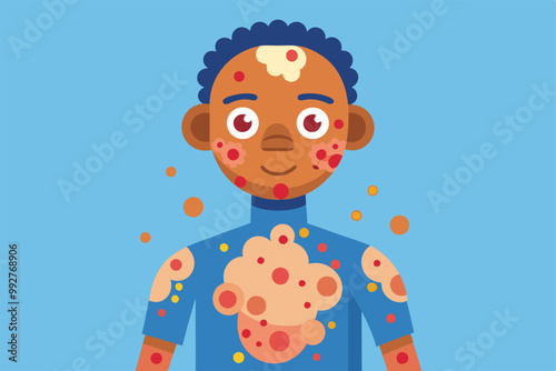 This illustration features a cheerful young character showing a variety of skin conditions in a vibrant design, Customizable illustration of disproportionate melanoma
