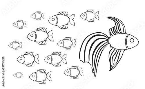 Illustration of a group of small fishes with a larger fish moving different directions. Isolated on white background. representing leadership concept photo