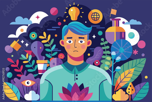 This artwork illustrates a young person amidst vibrant symbols of mental health and creativity, Customizable illustration of disproportionate melanoma