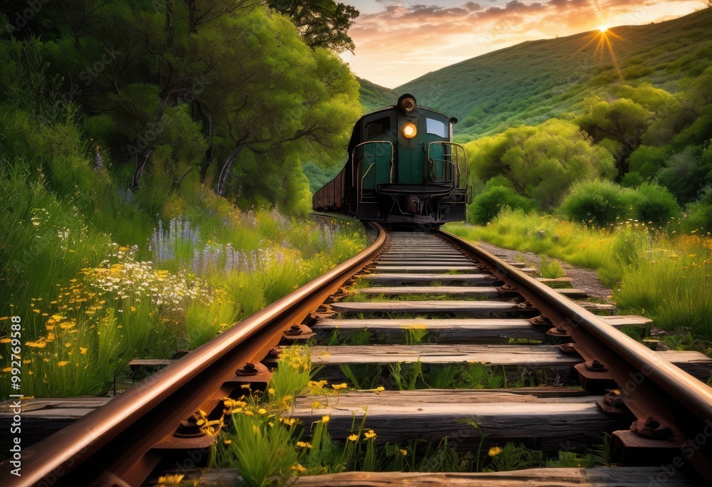 Fototapeta premium abandoned train tracks meandering through captivating landscapes featuring lush rolling tranquil scenery, nature, hill, path, vegetation, rail, grass, tree