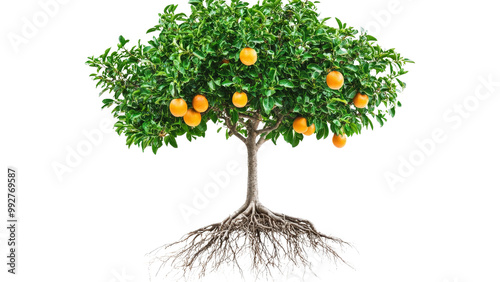 A fruit tree with visible roots, fully isolated and centered on a Tranparent background, PNG file