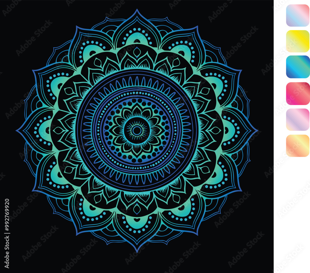 a colorful mandala with a pink and black background.