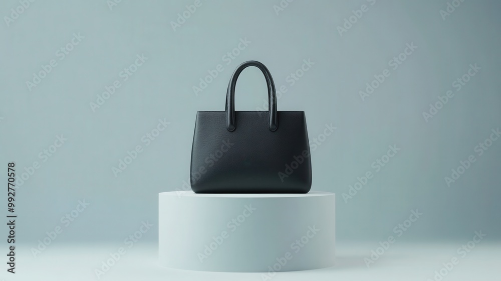 A high-quality, realistic 3D minimalist scene featuring a sleek leather handbag on a simple, elegant pedestal