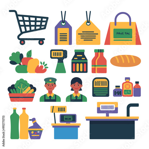 illustrations vector sale offer supper market items icon  for juice and basket ,label ,price , fruits , others 
