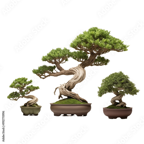 Trio Of Bonsai Trees In Pottery Planters Isolated On White Background