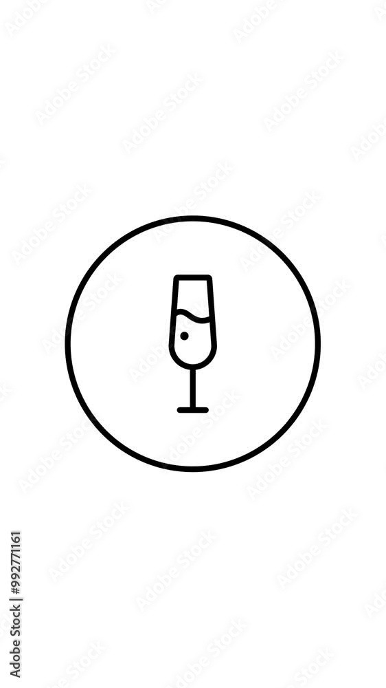 Glass of sparkling champagne, black and white line icon vector illustration in a circle, vertical video animation. Glass of sparkling champagne, black and white line icon vector illustration in a circle, vertical video animation.