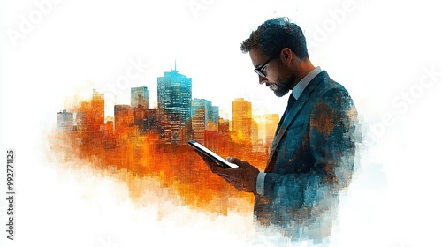 A businessman using a digital tablet with a city technology background on white illustrates the blend of business and urban digital environments.