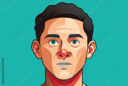 A creative illustration shows a young person with a big rhinoceros nose against a bright background, Customizable illustration of disproportionate rhinoplasty.