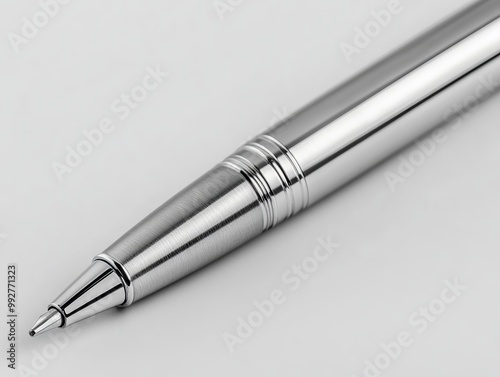 A silver pen sitting on top of a white surface