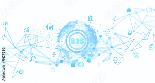 Glowing B2B icons and network connections. Isolated on white background. Concept of business-to-business digital communication