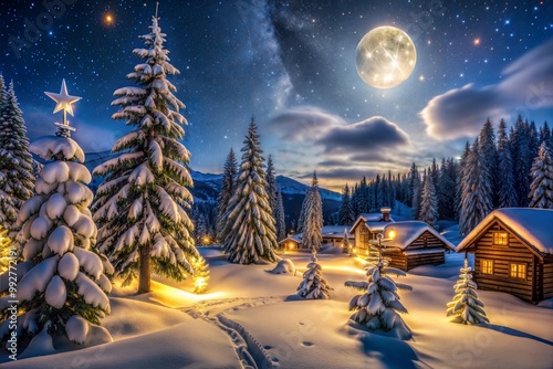 Winter village nestled among snowy trees and moonlit stars