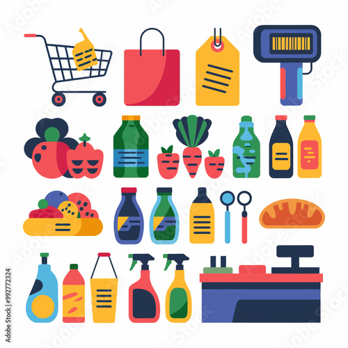 illustrations vector sale offer supper market items icon  for juice and basket ,label ,price , fruits , others 

