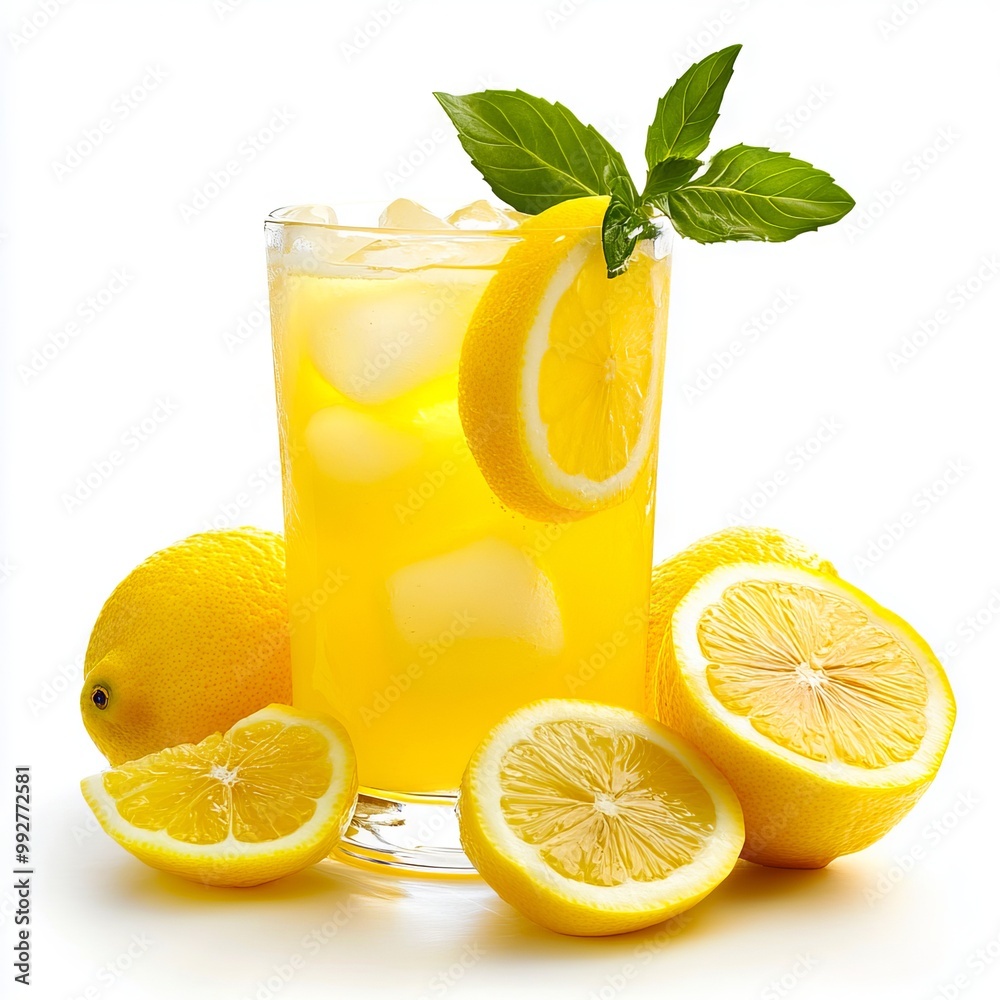 A glass of lemonade with sliced lemons and mint leaves A glass of lemonade with sliced lemons and mint leaves