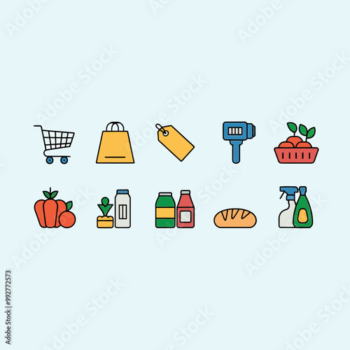 illustrations vector sale offer supper market items icon  for juice and basket ,label ,price , fruits , others 
