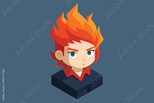 A colorful isometric character features vibrant, fiery hair styled upwards, showcasing a bold look, Customizable illustration of fiery hair in isometric style.