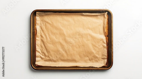 Baking sheet with brown parchment paper isolated on a white background Empty oven tray for baking and roasting Rectangular baking pan for food design Nonstick kitchen utensils Top view   photo