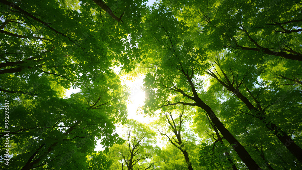 Fototapeta premium Lush Green Canopy with Sunlight Filtering Through Leaves
