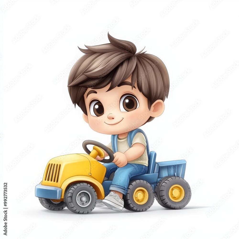 Cute Boy Riding Toy Tractor in Cartoon Style Cute Boy Riding Toy Tractor in Cartoon Style