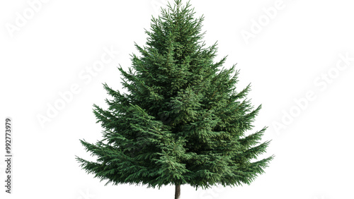 A fully grown evergreen tree, isolated and centered on a clean white surface