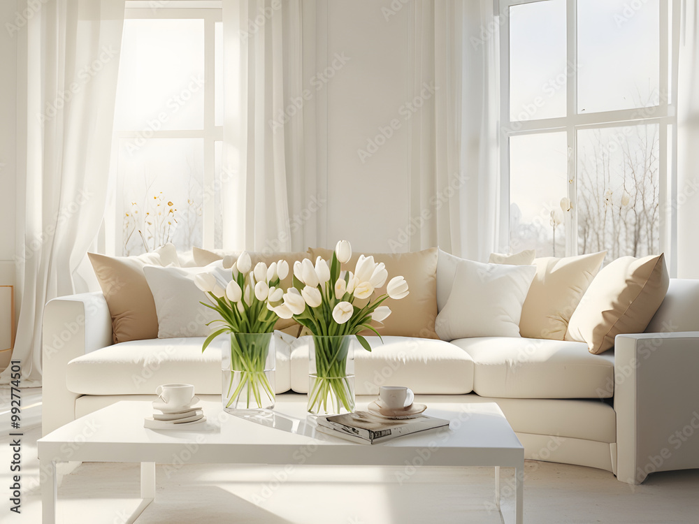 Naklejka premium modern living room decorated with yellow flowers , living room with white and beige tone