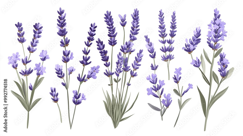 Fototapeta premium A set of lavender sprigs. Vector illustration isolated on a white background. 