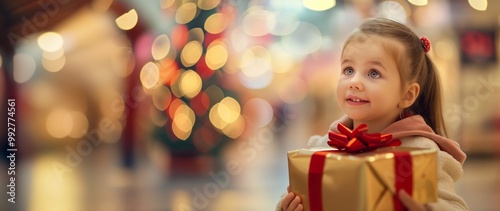 Young girl is holding a golden christmas present while looking up in wonder at the shopping mall. The holidays are a magical time for children. Happy New Year and Merry Christmas little cute kid