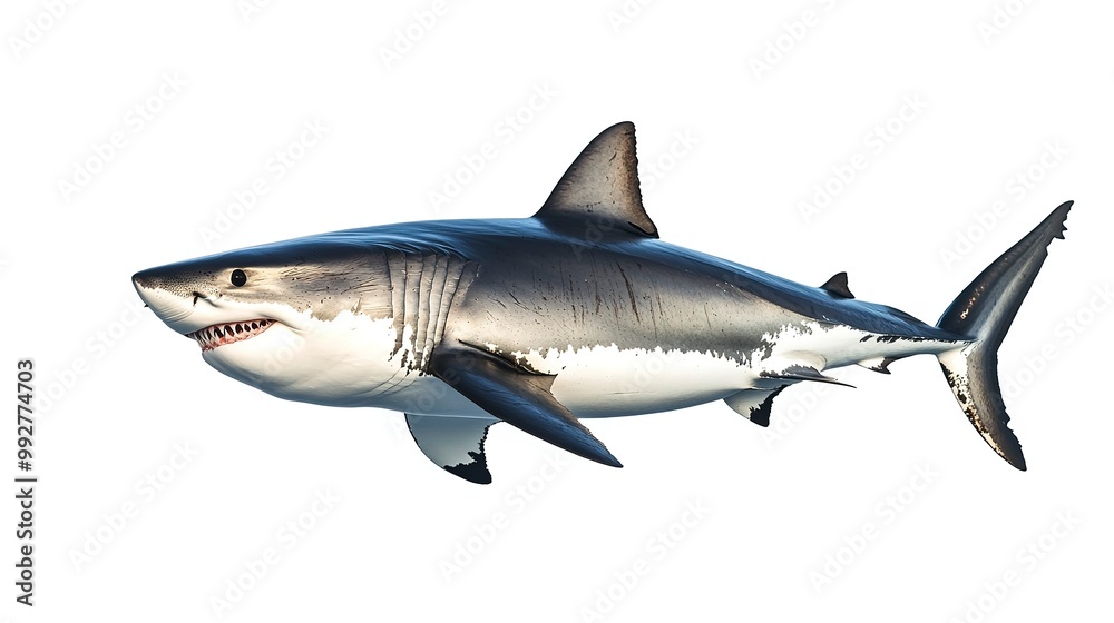 Fototapeta premium A great white shark isolated on a white background 