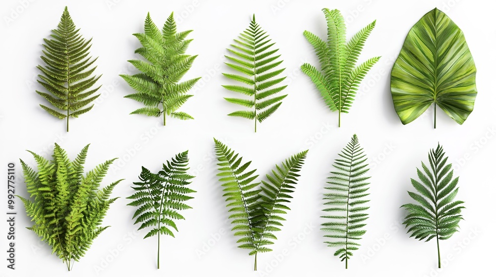 A collection of tropical ferns isolated on a white background  