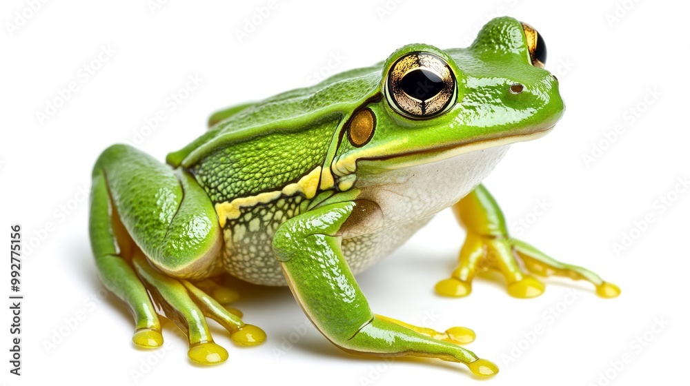 A closeup of a green frog isolated on a white background A closeup of a green frog isolated on a white background