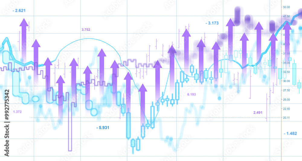 Financial chart with upward arrows, glowing blue and purple lines. Isolated on white background. Concept of data analysis and growth Financial chart with upward arrows, glowing blue and purple lines. Isolated on white background. Concept of data analysis and growth