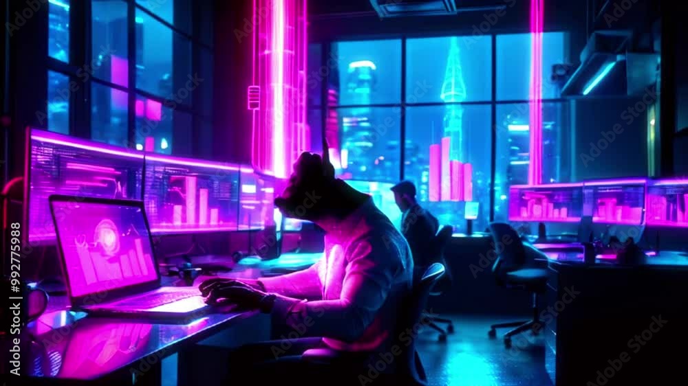 A businessman with a bull head works on a laptop in a modern office with a neon-lit city view at night. A businessman with a bull head works on a laptop in a modern office with a neon-lit city view at night.