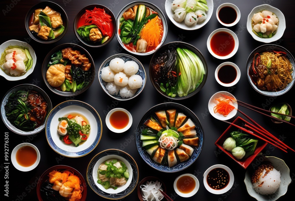 colorful bowls diverse chinese dishes artfully arranged fresh ingredients rich textures, food, cuisine, meal, arrangement, style, garnish, vegetable colorful bowls diverse chinese dishes artfully arranged fresh ingredients rich textures, food, cuisine, meal, arrangement, style, garnish, vegetable